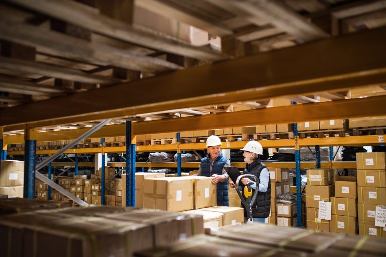 Two supervisors working in a dry storage warehouse